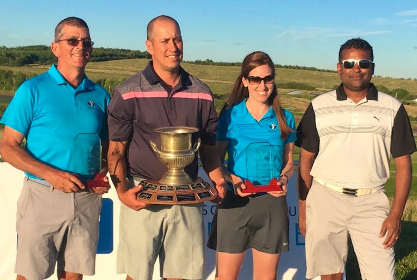 Baddeck native Trevor Chow is shown after winning the 2017 MCT Insurance Men’s Mid-Amateur Championship on Sunday at The Links at Penn Hills in Shubenacadie. From left are Nova Scotia Golf Association president Garry Beattie, Chow, NSGA vice-president Katie Brine, and MCT Insurance regional branch manager Vivek Swamy.