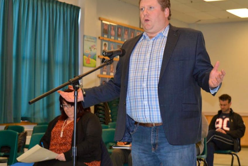 Brett Hanham, vice-president of the George D. Lewis Gateway to Opportunities Society, addresses the Cape Breton-Victoria Regional School Board during its monthly meeting Monday at Sherwood Park Education Centre in Sydney. The group wants the school board to meet with them as they work on a pilot project that would transform the school into a central part of the former town.