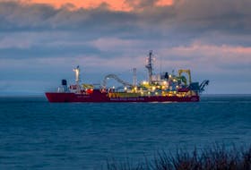 The cable-laying vessel Nexans Skagerrak is seen just off of Battlemans Beach. She is just finishing the survey run in advance of cable laying operations which are about to begin as part of the Maritime Link project.