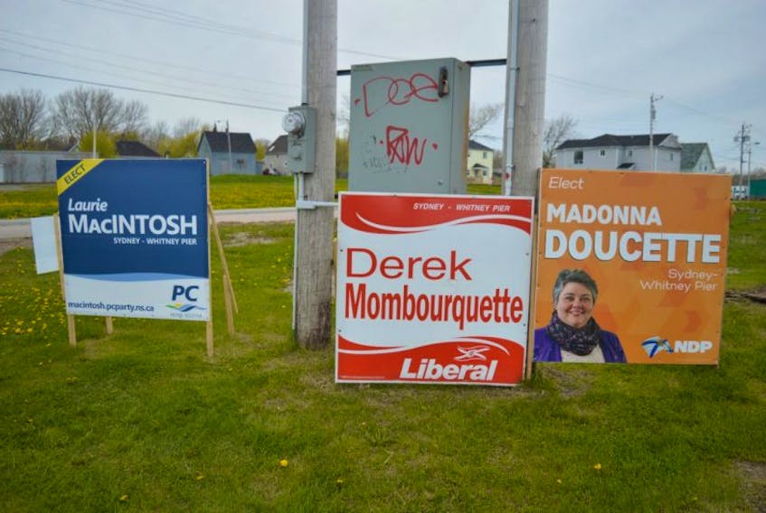 There’s a provincial election coming on Tuesday, as indicated by signs like these at the corner of Ferry and Walker streets in Sydney, promoting candidates running in the Sydney-Whitney Pier riding.