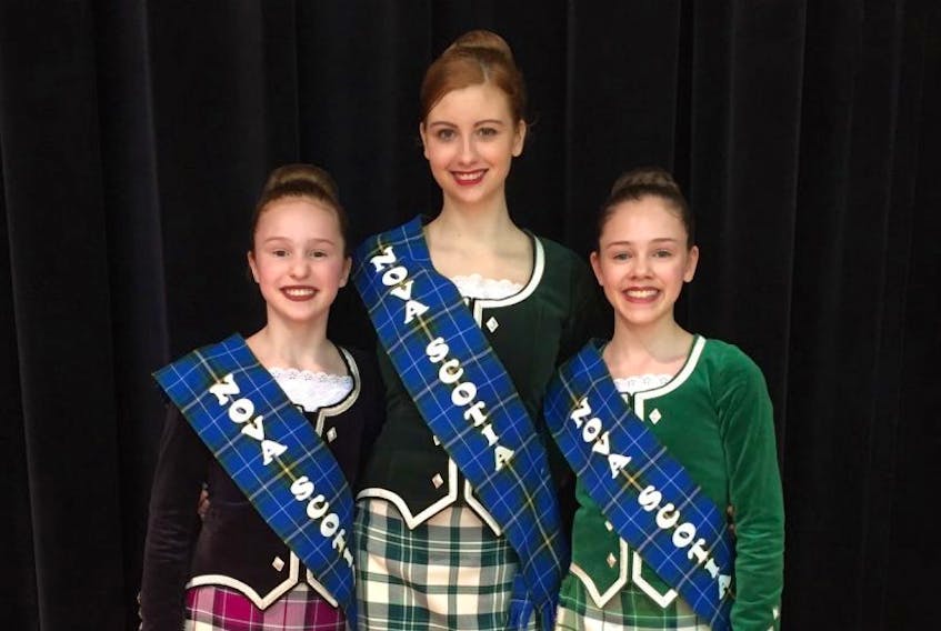 Left to right, Olivia Burke, Taylor MacQuarrie and Drea Shepherd were named to the Nova Scotia Highland Dance team. The three Capers were among 103 dancers who competed for spots on the provincial team.