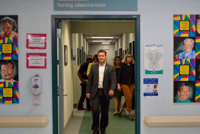 Nova Scotia Health Minister Randy Delorey leaves a meeting with personnel at the Cape Breton Regional Hospital in Sydney on Monday. Delorey spent the day visiting a number of area health-care facilities as part of his information gathering process. The former provincial finance minister was given the health portfolio in mid-June when Premier Stephen McNeil shuffled his Liberal cabinet.