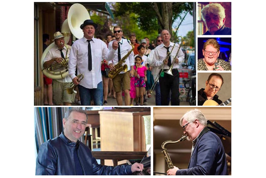 Clockwise from top left, The Booty Boppin’ Brass Band, Bill Stevenson, Theresa Malenfant, Joe Waye, Kirk MacDonald and Carl Getto are among the performers at this year’s Cape Breton Jazz Festival, which runs from Thursday until Aug. 11.