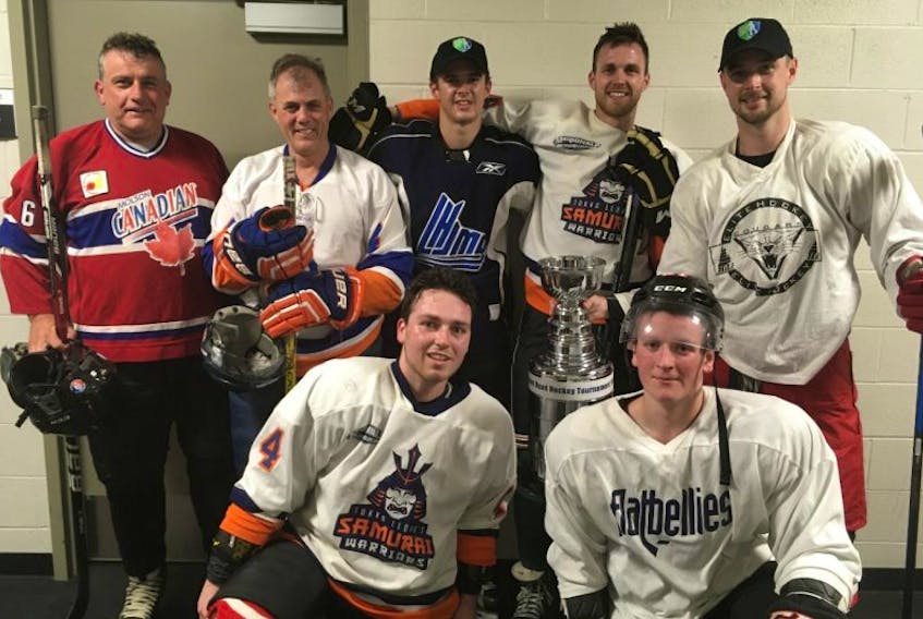 A group of local hockey players will play in the Because You Care Ice Hockey Tournament, Aug. 4-6, at the Membertou Sport and Wellness Centre. In front from left are Bryson Musgrave and Derek Gentile. Back row from left are Louie Piovesan, Jim MacDonald, Mitch Balmas, Kyle MacMullin and Chris Culligan.