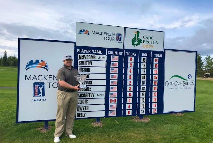 American Patrick Newcomb shot an eight-under par final round 64 to capture the 2017 Cape Breton Open by three strokes at the Bell Bay Golf Club in Baddeck, N.S. The 27-yeaer-old professional said the win, combined with the hospitality he experienced during the tournament, has helped him fall in love with Cape Breton on his first visit to the island.