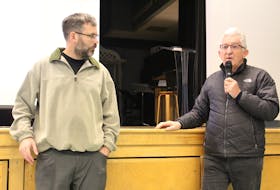 Wayne McKay, left, and David Gabriel are shown at a November meeting to discuss their efforts in trying to meet with Cape Breton Regional Municipality staff to discuss flood mitigation plans for the Baille Ard forest system. ERIN POTTIE/CAPE BRETON POST