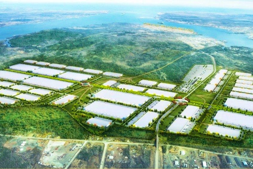 This is a conceptual image of the proposed 1,250-acre Novazone logistics park that will manage cargo once it’s unloaded off ships at the proposed Novaporte container terminal in Sydney harbour. Novazone would be built in three phases over a 15- to 20-year period.