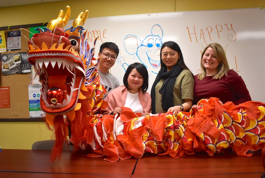 Chenxi (Charlie) He, from left, Shiwei Wang, Kalie Wang and Jennifer Billard hold Big Red, which will used in the dragon dance when CBU hosts its annual Lunar New Year celebration today. The public is invited to attend the event, which will feature cultural displays, traditional music and dance and food samples at the Verschuren Centre from 11:30 a.m.-1 p.m. Chris Connors/Cape Breton Post