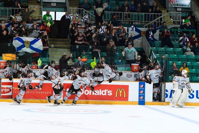 The Cape Breton West Islanders and their fans celebrate after the team defeated the Mississauga Rebels 2-1 in semifinal action at the 2017 Telus Cup national midget hockey championship in Prince George, B.C., Saturday. The Islanders will play the Blizzard du Séminaire Saint-Francois at 7 p.m. on Sunday, a game to be broadcast live on TSN2. 