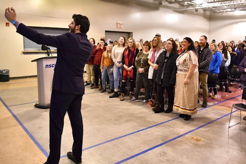 Tareq Hadhad, founder of Peace by Chocolate, took a selfie video with staff and students at NSCC while they yelled ‘Love is the answer.” Hadhad recently told his story to a room filled with NSCC students and staff at the Dr. Carson & Marion Murray Community Centre in Springhill. DAVE MATHIESON – AMHERST NEWS