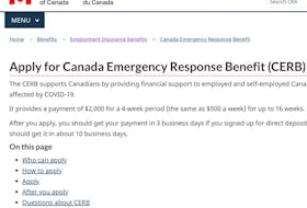  Part of a cheque for the $2,000 Canada Emergency Response Benefit (CERB), a taxable award from the Canadian government made every 4 weeks for up to 16 weeks to eligible workers.