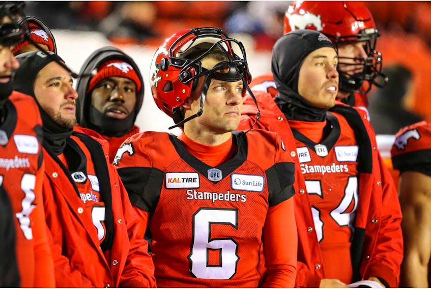 Calgary Stampeders Rob Maver in the final minutes of a 35-14 loss to the Winnipeg Blue Bombers in the 2019 CFL West Division semi final in Calgary on Sunday, November 10, 2019. Al Charest/Postmedia
