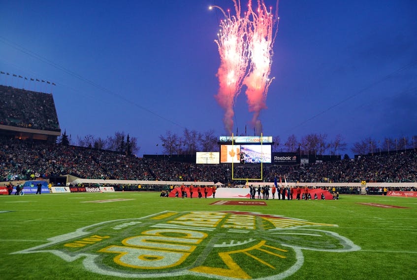 Fireworks burst over the end zone at Commonwealth Stadium prior to the 2010 Grey Cup final between the Montreal Alouettes and Saskatchewan Roughriders on Nov. 28, 2010.