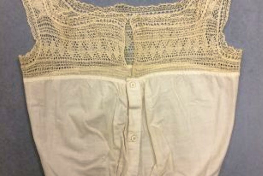 ['This fine cotton camisole with filet crochet straps, part of the Shelburne County Museum’s collection, is circa late Victorian or Edwardian era.']