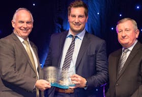 Alex Smith, vice-president of operations with Canada’s Island Garden, centre, accepted the emerging business award Wednesday night. Also in the photo are Rory Francis, president of the Greater Charlottetown Area of Commerce, right, and Charlottetown Deputy Mayor Mike Duffy. SUBMITTED PHOTO