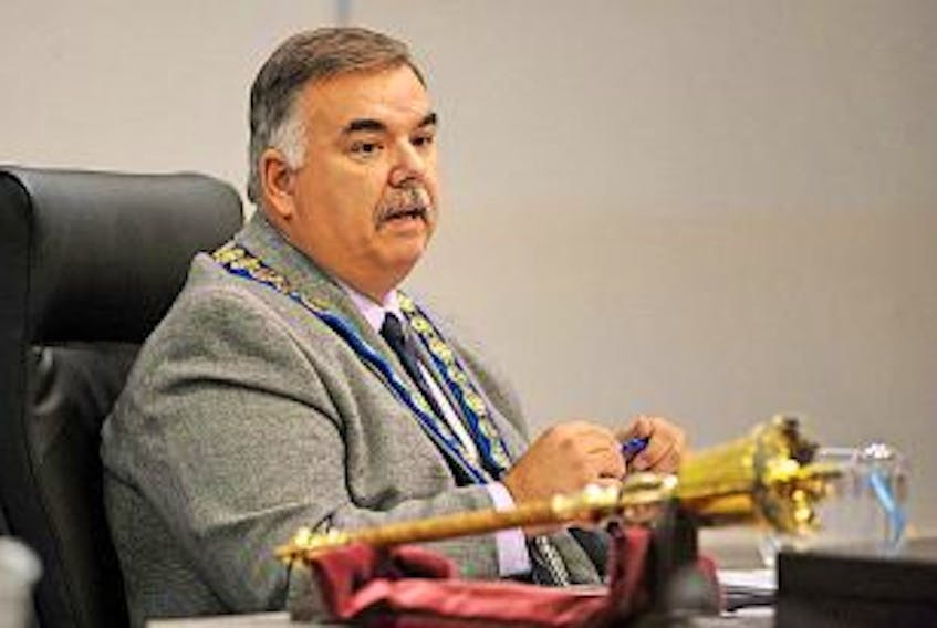 ['GERALDINE\u2008BROPHY/THE WESTERN STAR<br />Mayor Charles Pender talks about the number of outstanding water leaks in the city during Mondays council meeting.']