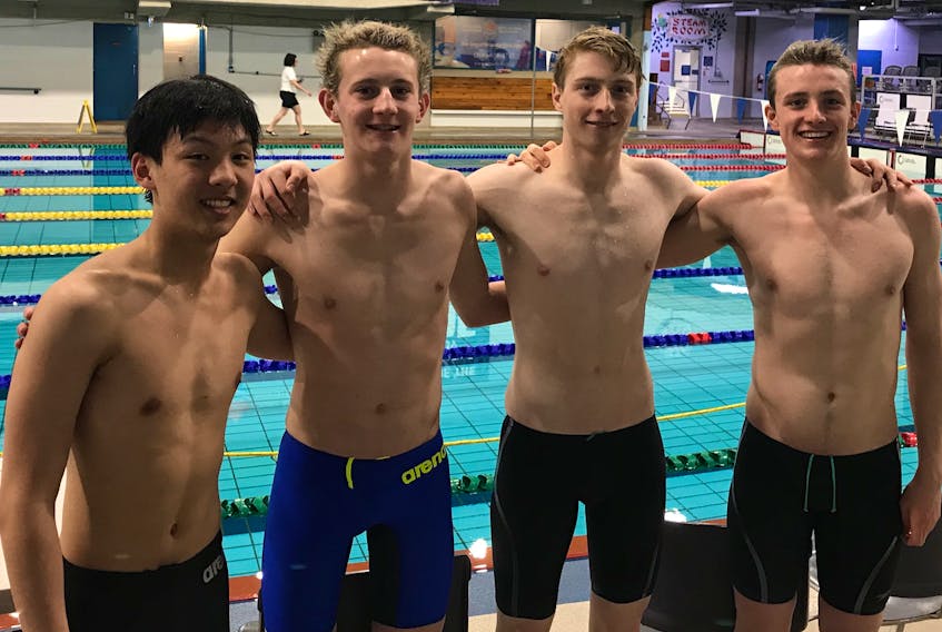 The Charlottetown Bluephins relay team broke the five-year-old provincial record in the 400-metre freestyle relay in boys 15 and older in Saint John, N.B. From left are David Du, Blake Kingston, Pieter Vanleeuwen and Charlie Morse.
Submitted photo

