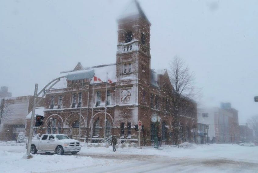 ['Driving and walking conditions are not pleasant on P.E.I. today. This winter scene shows Charlottetown City Hall.']