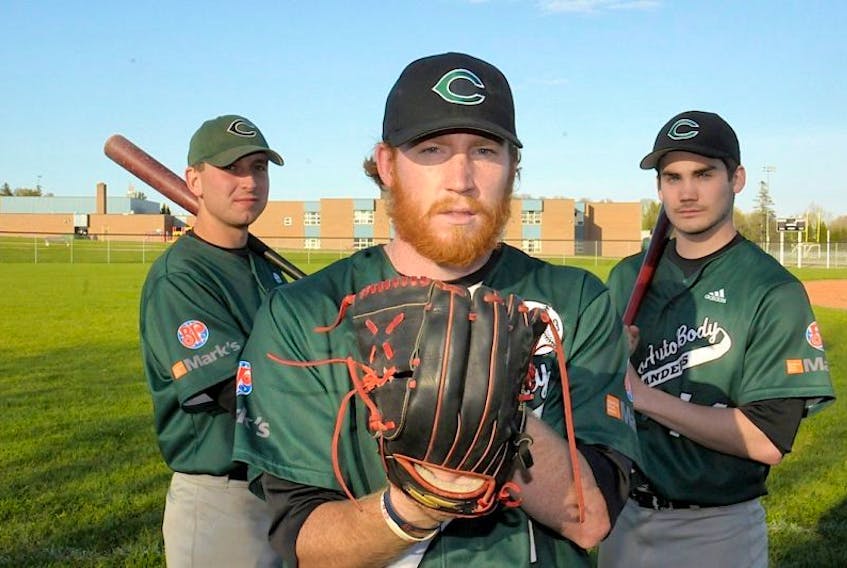 The Charlottetown Gaudet’s Auto Body Islanders have lost seven straight. From left are infielder Dylan McKenna, pitcher Brody MacDonald, who started on Sunday, and outfielder Josh Kelly. MacDonald was replaced on the mound by McKenna.
