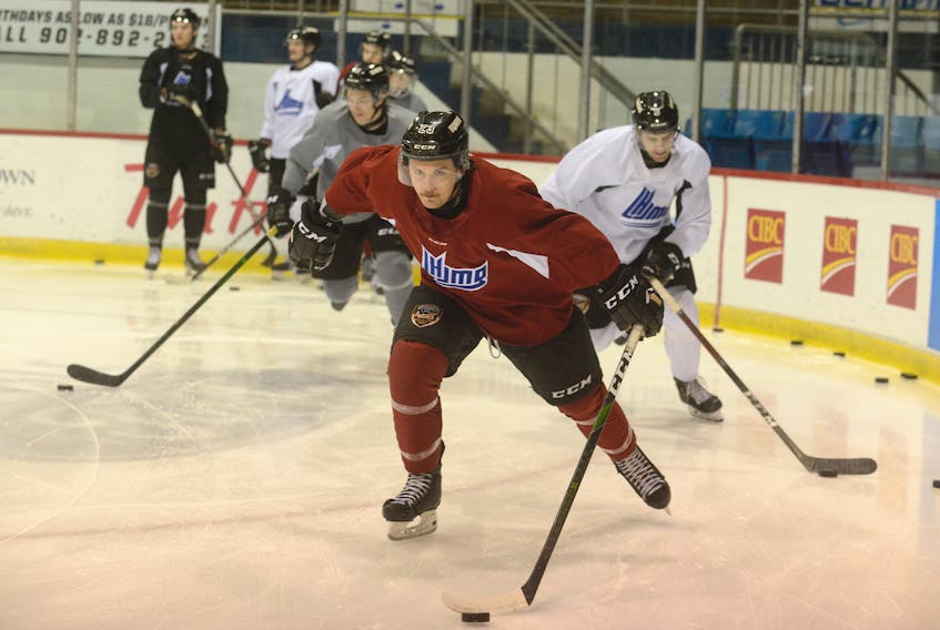 Charlottetown Islanders’ centre Zac Beauregard carries the puck up ice during Wednesday’s practice at the Eastlink Centre.