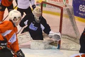 Goalie Colten Ellis follows the play during a Charlottetown Islanders practice earlier this week.