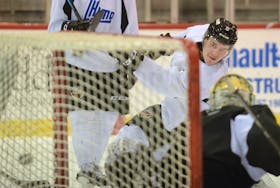 Charlottetown Islanders defenceman Felix Tremblay rips a shot on goalie Jacob Goobie during a scrimmage at the end of Saturday’s practice at Eastlink Centre.
