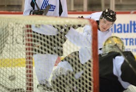 Charlottetown Islanders defenceman Felix Tremblay rips a shot on goalie Jacob Goobie during a scrimmage at the end of Saturday’s practice at Eastlink Centre.
