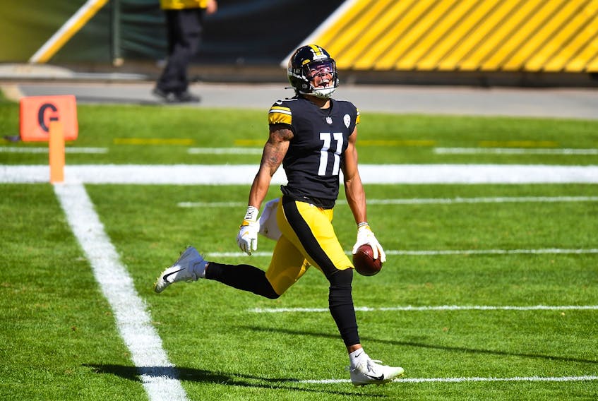 B.C. native Chase Claypool  of the Pittsburgh Steelers  celebrates his touchdown during the second quarter against the Denver Broncos at Heinz Field on September 20, 2020 in Pittsburgh, Pennsylvania.