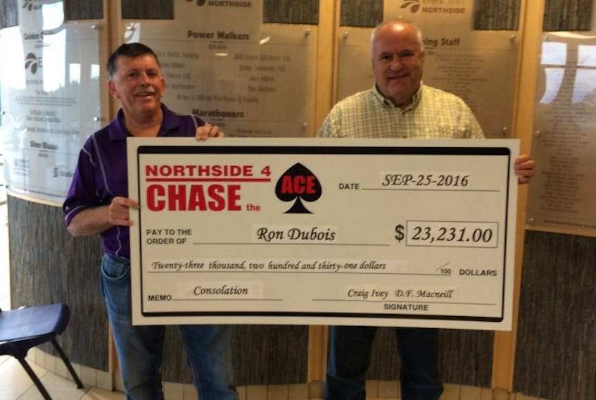 Howie Centre resident Ron Dubois, right, was the Sept. 25 winner of $23,231 in the Northside 4 Chase the Ace draw. Also pictured here is Craig Ivey, left, Chair of Northside 4 Chase the Ace.