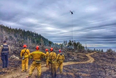 <p>Firefighters with the Department of Natural Resources catch their breath while the Hughes 500 helicopter drops 800-litre buckets of water on a brush fire in Cherry Valley May 2.</p>