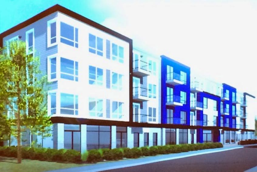 FILE PHOTO: CANCELED - An architect's rendition of what was going to be a 50-unit apartment complex being proposed by developer Philip O'Halloran to replace eight residential properties between Chestnut and Passmore streets. O'Halloran has now come back with a revised proposal for the area, involving two separate complexes.