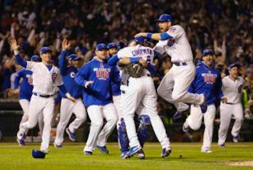 ['<p>Chicago Cubs players celebrate after Game 6 of the National League championship series against the Los Angeles Dodgers on Saturday in Chicago. The Cubs won 5-0 to win the series and advance to the World Series against the Cleveland Indians.</p>']