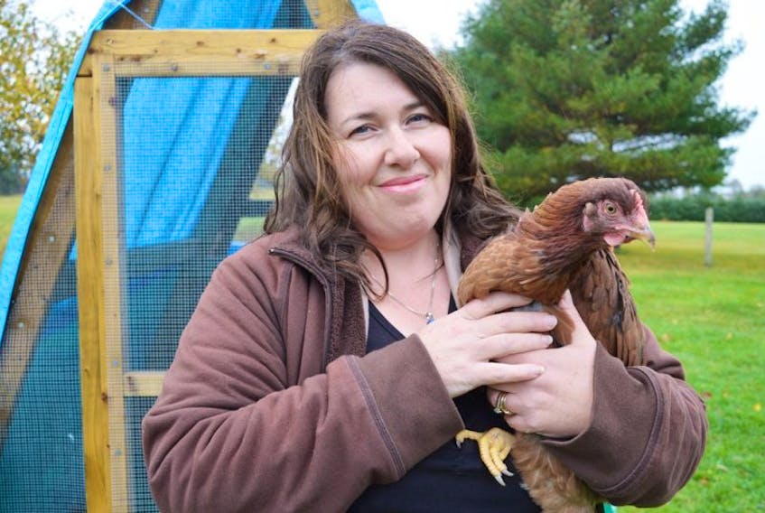 <p>Rebecca Cowans cuddles up to one of her hens at her home in Oyster Bed Bridge. Cowans and Sally Bernard are hosting a free backyard chickens information seminar Nov. 19 at the P.E.I. Farm Centre in Charlottetown.&nbsp;</p>
