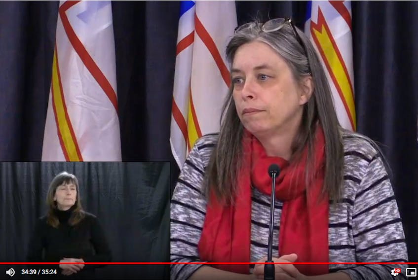 Newfoundland and Labrador Chief Medical Officer Dr. Janice Fitzgerald is shown on a YouTube feed taking reporters' questions about COVID-19 in St. John's Thursday. CONTRIBUTED PHOTO
