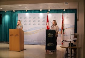Chief health officer Dr. Heather Morrison, left, and chief of nursing Marion Dowling are shown during a media briefing on Monday in Charlottetown.