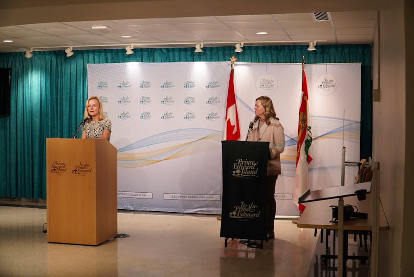 Chief health officer Dr. Heather Morrison, left, and chief of nursing Marion Dowling are shown during a media briefing on Monday in Charlottetown.