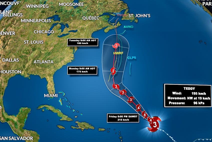 The projected path of Hurricane Teddy.