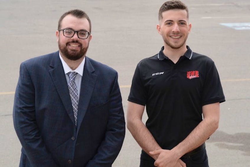 Justin Harrison, left, and Jordan Hunter will be in Latvia in mid-June to help give instruction to high calibre players from the Baltic countries hoping to improve their game. “They’re high-level players that could play in the Quebec Major Junior Hockey League or in NCAA Divison 1 or Division 3,” said Harrison.

