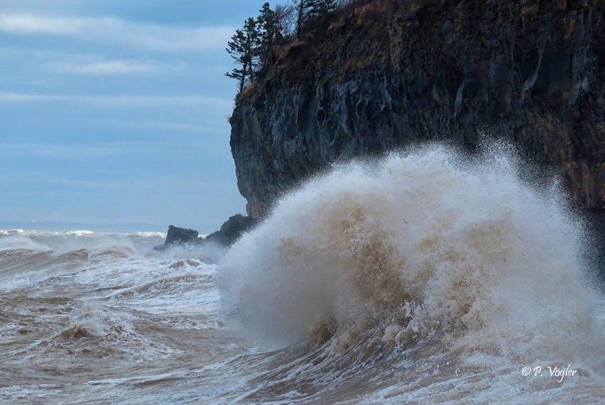 Powerful fall storms give way to angry seas.  Phil Vogler was down by Donnellan's Brook — near Harbourville N.S. — at high tide  Monday morning when this wave came crashing in. Remember to always stay a safe distance back from the edge of the water! - Contributed