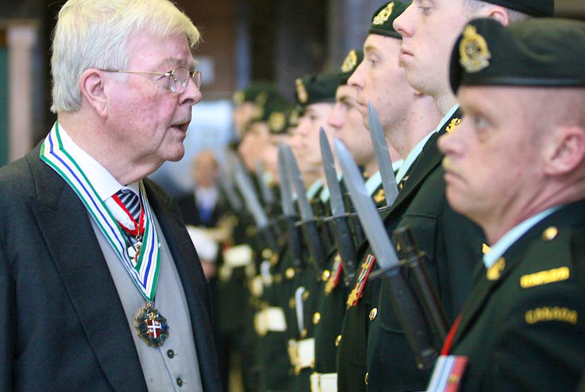 John Crosbie inspects the Guard of Honour after he is sworn in as Newfoundland and Labrador's Lieutenant Governor at the House of Assembly at Confederation Building in St. John's on Feb. 4, 2008.