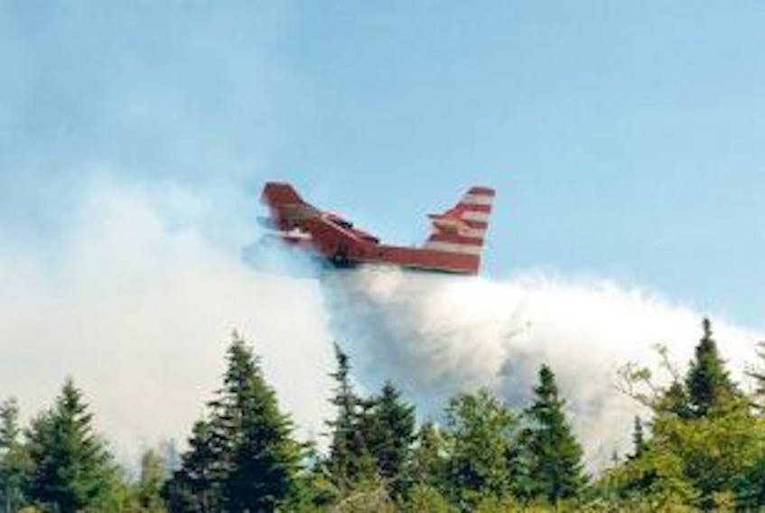 ['A water bomber with the Department of Natural Resources drops a load of water on a forest fire near Cochrane Pond Tuesday afternoon. — Photo by Keith Gosse/The Telegram']