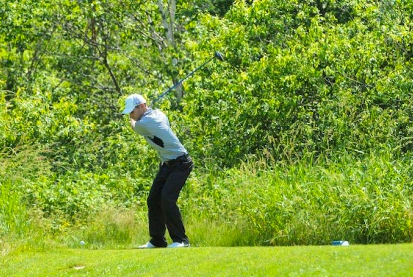Prince Edward Islander Cody MacKay is tied for first place in the Men's Amateur Division at the Atlantic golf championships at Bell Bay in Baddeck, N.S.