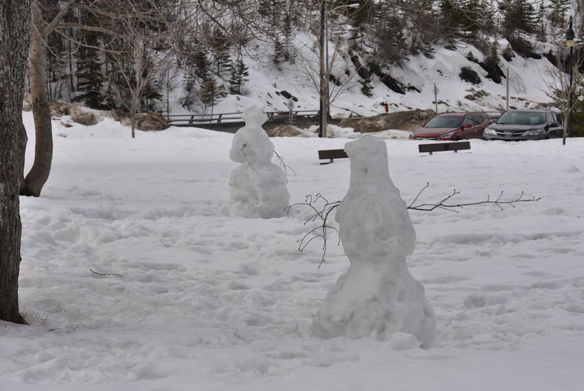 Even the snow people in Margaret Bowater Park in Corner Brook are practicing social distancing. This pair was hanging out together more than six feet apart on Thursday. 
