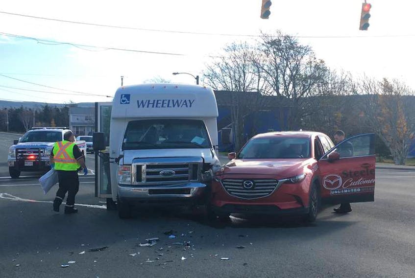 In this November 2019 photo, a Wheelway bus and a Steele Mazda customer shuttle collided at the intersection of Thorburn Road and Goldstone Street. It’s one of many that have happened at that intersection, which the city has identified as having the most collisions resulting in injuries. TELEGRAM FILE PHOTO