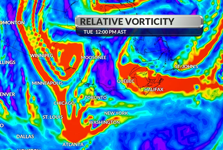 Computer generated relative vorticity bands at 500 mb at noon Tuesday.  
ECMWF Global 9 km.    - WSI