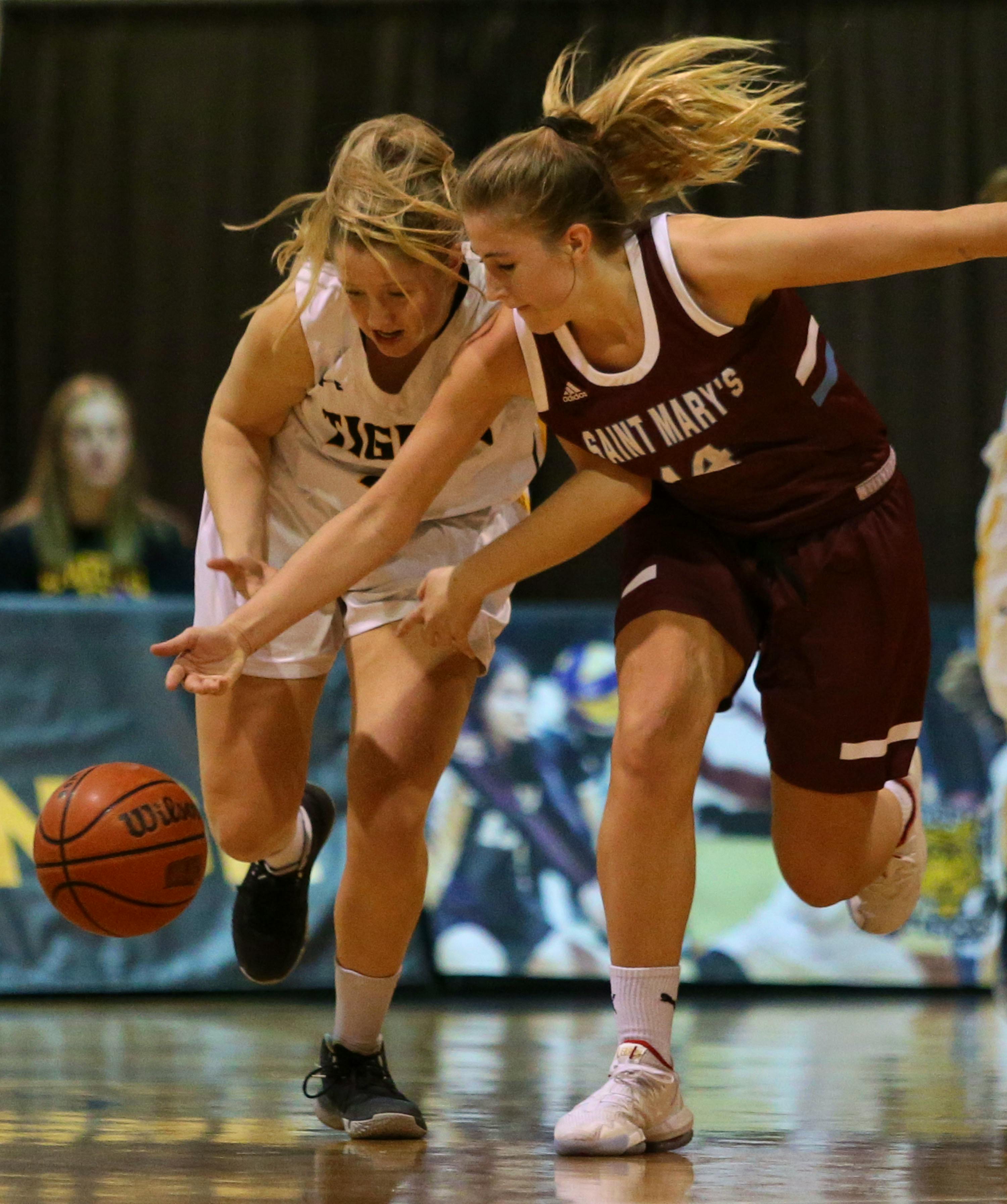 Hannah Chadwick of the Dalhousie Tigers, left and Lucina Beaumont of the Saint Mary's Huskies battle for a loose ball during an AUS women's basketball game last season in Halifax. The fate of AUS winter sports like basketball for this semester should be determined in the next couple weeks.   - Tim Krochak