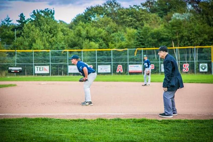In this photo from September of this year, umpire Carl Lake works the first base line at his last baseball game in St. John's.  – Submitted photo/Morgan MacDonald

