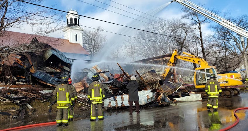 This was the scene Monday morning, Feb. 24, after a fire destroyed the church hall belonging to the Grace United Church in Digby. While it did sustain fire and smoke damage, the church itself was still standing thanks to the efforts of firefighters. KARLA KELLY PHOTO