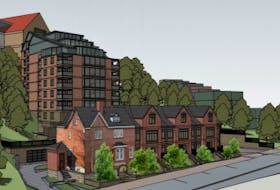 An architectural rendering included in the developer’s land use assessment report shows the townhouses along Queen’s Road in the foreground, the 10-storey residence tower behind that along Harvey Road, and The Rooms’ roof visible in the background. -COMPUTER SCREENSHOT