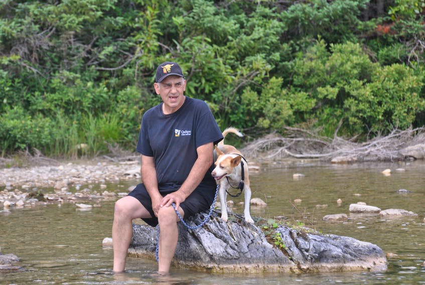 Brian Bennett of Corner Brook waded into the water with his dog, Tanner, after walking the trail around Tippings Pond in Massey Drive on Monday. Bennett said Tanner likes to cool his paws in the shallow water.